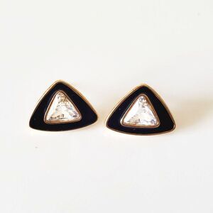 Trifari Gold Tone Black Enamel Rhinestone Triangle Statement Stud Earrings